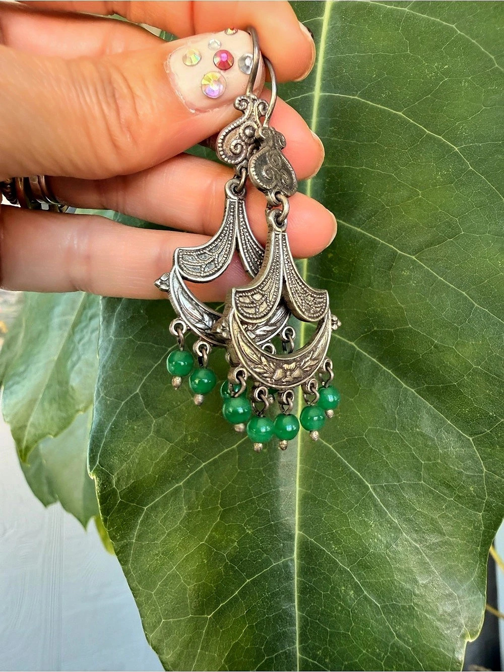 Serling Silver Filigree Green stone Beaded Drop Earrings